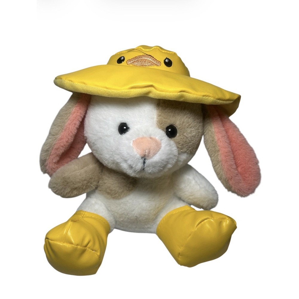 Holiday Home White & Tan Bunny wearing Boots & Chick Rainhat Plush 8.5"